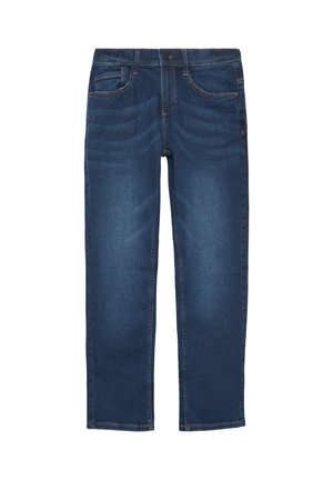Jean droit en denim bleu foncé avec poches avant, passants pour ceinture et fermeture à bouton.