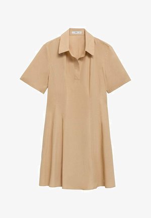 Valkoinen lyhythihainen mekko, joka on vaaleanbeige ja jossa on kauluskäänne, laskostettu hame ja sileä pinta.