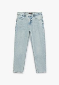 Ljust blå denimjeans, rak bendesign med fem fickor, blekt utseende och subtila slitna detaljer runt låren och fållen.