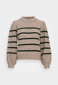 Beiger Pullover mit schwarzen horizontalen Streifen, Rundhals und puffierten langen Ärmeln. Weicher Stoff und gerippter Saum an der Taille und den Bündchen.