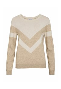 Beige a off-white sveter s dlhým rukávom, okrúhlym výstrihom a vzorom v tvare chevron cez hruď a rukávy.