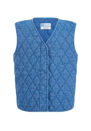Quiltet blå ærmeløs vest med diamant quiltmønster og "Blue Ridge" størrelseslabel 134/140 på den indvendige krave.