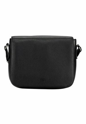 Sac bandoulière en cuir noir à surface texturée, fermeture à rabat, bandoulière réglable et logo embossé subtil au centre avant.