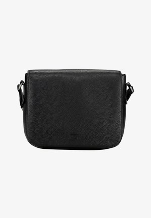 Sac bandoulière en cuir noir à surface texturée, fermeture à rabat, bandoulière réglable et logo embossé subtil au centre avant.