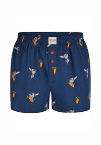 Boxer da uomo in tessuto blu navy caratterizzati da un motivo divertente con coniglietto e carota, dotati di apertura a bottoni e cintura elastica.