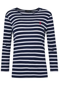 Granatowa i biała w paski koszulka z długim rękawem, okrągłym dekoltem i małym czerwonym logo po lewej stronie klatki piersiowej. Miękki materiał bawełniany.