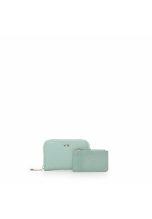Set di portafogli in pelle verde menta che include un portafoglio con zip e un portacarte, entrambi con texture liscia e finiture dorate.