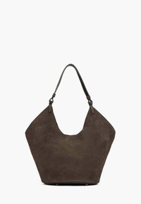 Brązowa skórzana torebka typu tote o luźnym kształcie, z pojedynczym skórzanym uchwytem i przestronnym otwarciem. Miękka tekstura i minimalistyczny design.