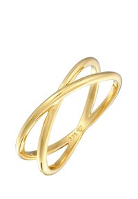 Goldfarbener Ring mit ineinander verwobenen Bändern, glatter polierter Oberfläche und einem Stempel von 375, der auf der Innenseite des Bands eingraviert ist.