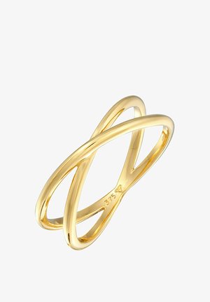 Goldfarbener Ring mit ineinander verwobenen Bändern, glatter polierter Oberfläche und einem Stempel von 375, der auf der Innenseite des Bands eingraviert ist.