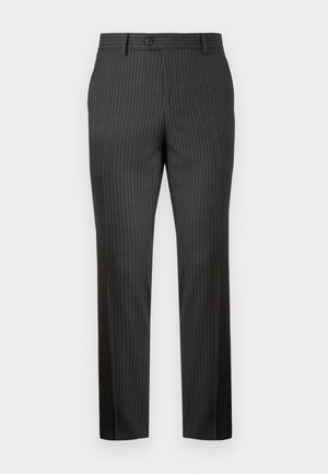Grau gestreifte Hosen aus einem Stoff mit glatter Textur. Verfügt über einen vorderen Knopfverschluss und ein gerades Bein für eine maßgeschneiderte Passform.