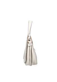 Borsa a tracolla in pelle bianca con una forma strutturata, manico superiore e cuciture nere a contrasto. Include dettagli in metallo dorato.