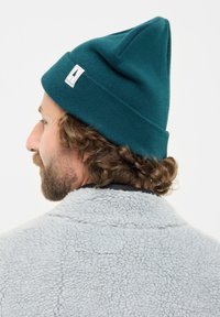 Teal knitted beanie with a pointed top and a white label featuring a black tree design, worn over a textured gray fleece jacket.
