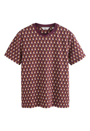 T-shirt à manches courtes couleur marron, présentant un motif géométrique beige et orange. Confectionné en tissu doux avec un col rond.