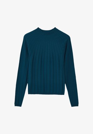 Türkiser, gerippter Strickpullover mit hohem Kragen, langen Ärmeln und taillierter Passform. Die strukturierte Stoffqualität verleiht dem Design Tiefe.