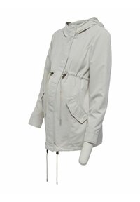 Světle šedá těhotenská bunda s tkaničkou v pase, kapucí a dvěma předními kapsami. Vyrobena z měkké tkaniny s hladkým povrchem.