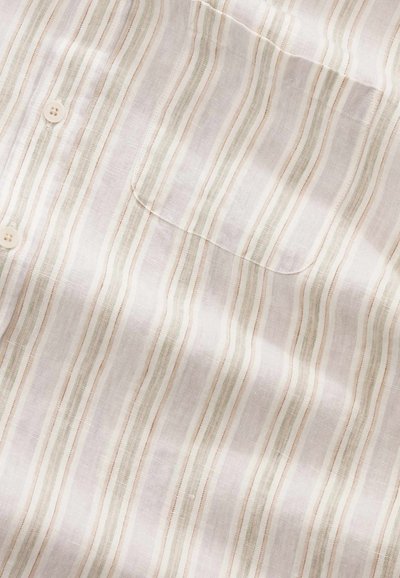 Light cotton shirt with vertical stripes in beige, white, and pale green, featuring a chest pocket and white buttons.