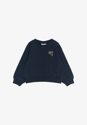 Marinblå bomullströja med rundad halsringning och ribbade manschetter, med en liten broderad naturmotiv-patch på framsidan.