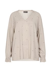 Beige långärmad blus med v-ringning, subtil diagonalt prickmönster och samlade elastiska manschetter.