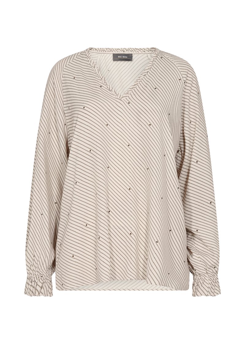 Beige långärmad blus med v-ringning, subtil diagonalt prickmönster och samlade elastiska manschetter.