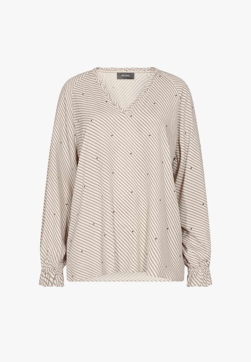 Beige långärmad blus med v-ringning, subtil diagonalt prickmönster och samlade elastiska manschetter.