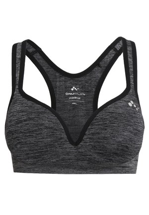 Soutien-gorge de sport noir et gris avec une finition texturée, présentant un décolleté en V et un bord noir sur les bretelles et les bords. Étiquette intérieure visible.