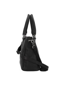 Zwarte leren handtas met dubbele gevoerde handvatten, een verstelbare schouderband en zilveren hardware. Gladde textuur met een gestructureerde vorm.