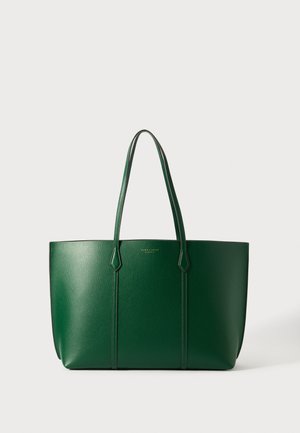 Dark green leather tote bag with two long handles and subtle stitching details, standing upright on a plain background.