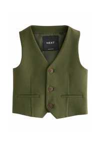 Gilet sans manches vert olive avec trois boutons marron et deux poches avant, présentant un col en V et une étiquette intérieure noire.