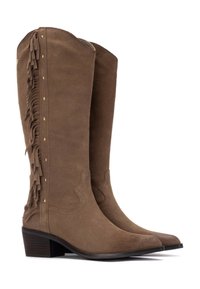 Botas de vaquero de ante marrón con puntera afilada, detalle de flecos laterales y tachuelas en tono dorado; el tacón apilado añade altura.