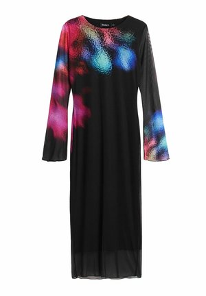 Vestido negro de manga larga con un patrón abstracto multicolor en los hombros, confeccionado con una tela ligera y traslúcida y una silueta recta.