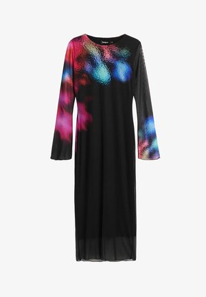 Schwarzes Langarmkleid mit einem mehrfarbigen abstrakten Muster an den Schultern, aus leichtem, durchsichtigen Stoff und mit gerader Silhouette.
