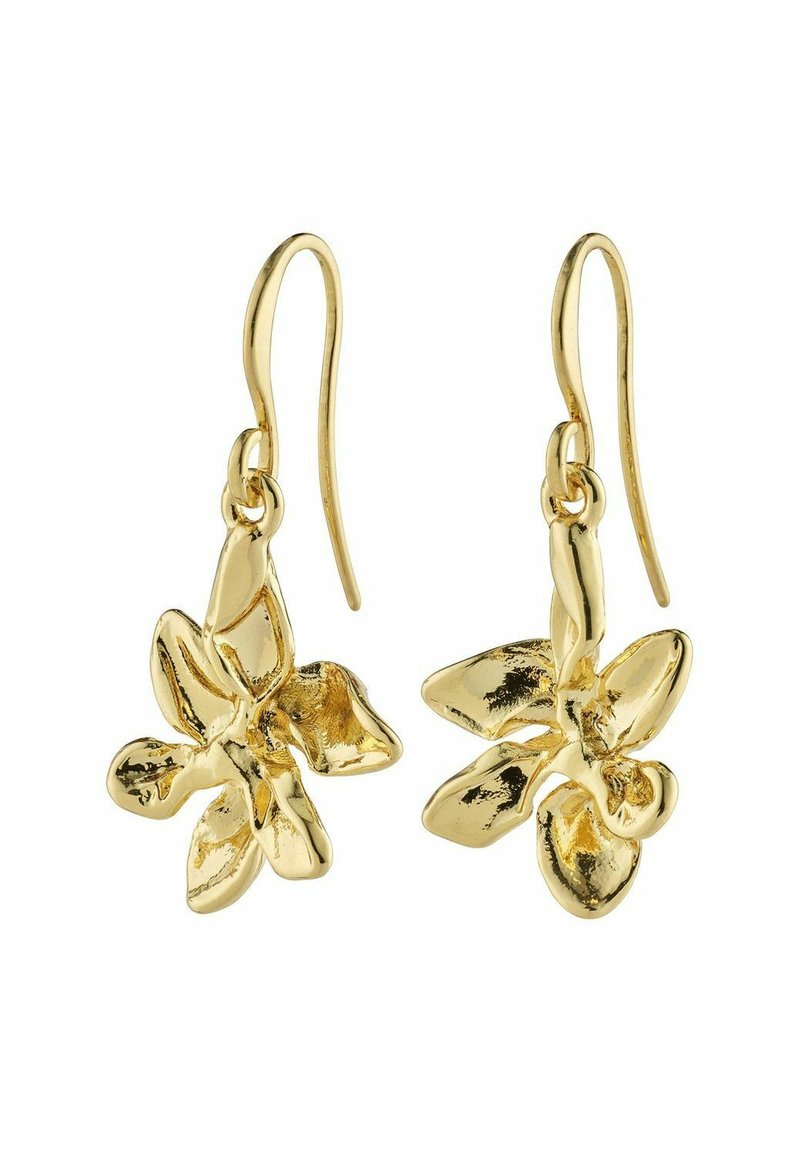 Boucles d'oreilles en or avec une finition polie, présentant un design à crochet. Chaque boucle d'oreille affiche une forme de fleur détaillée et en trois dimensions.