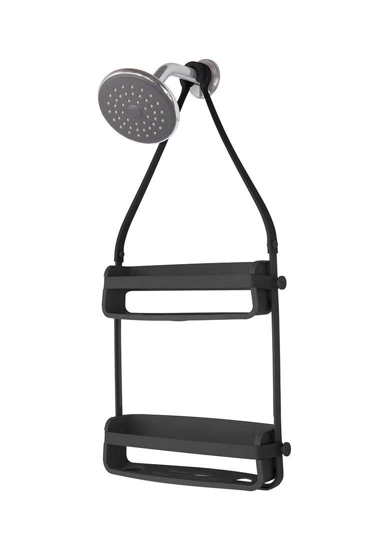 Schwarzer Duschkorb mit zwei offenen Regalen und einem runden Duschkopf, der an einem flexiblen Montagesystem befestigt ist. Schlankes, modernes Design mit glatter Textur.