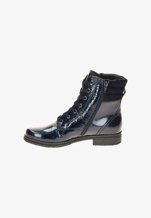 Navy blue patent leather ankle boots with lace-up front, side zipper, and textured fabric accents on collar. Low block heel.