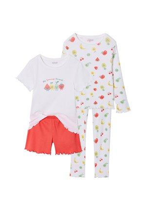 Sommer-Pyjama-Set für Kinder mit weißem Kurzarmshirt, roter Shorts sowie langärmligem Oberteil und Hose mit Fruchtmuster.