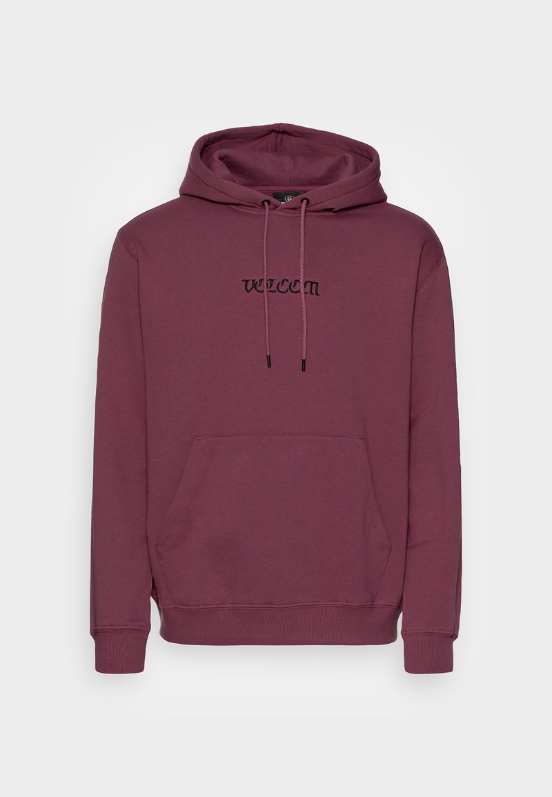Sweat à capuche bordeaux avec poche kangourou à l'avant, capuche avec cordon ajustable et logo noir "VOLCOM" centré sur la poitrine.