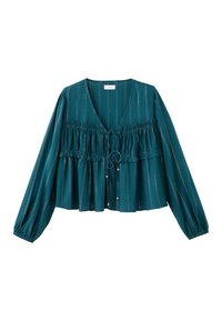 Blouse à manches longues couleur sarcelle avec rayures verticales, col en V, détail de volant froncé sur la poitrine et fermetures à nouer à l'avant avec petites perles.