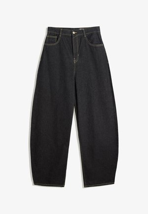 Pantalons larges en denim noir avec taille haute, dotés de coutures jaunes, de deux poches avant et d'une fermeture à un bouton.