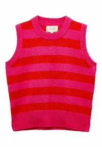 Ärmelloses Strickoberteil mit horizontalen Streifen in Pink und Rot, einem gerippten Hals- und Saumabschluss. Weicher Stoff mit einem leichten Glanz.