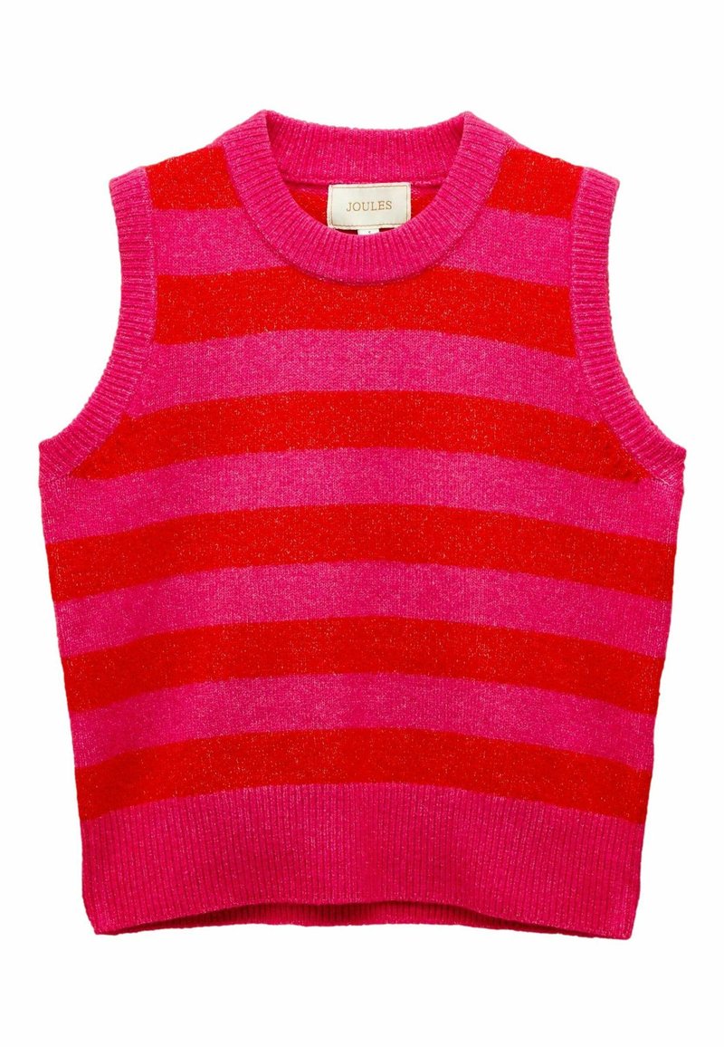 Ärmelloses Strickoberteil mit horizontalen Streifen in Pink und Rot, einem gerippten Hals- und Saumabschluss. Weicher Stoff mit einem leichten Glanz.