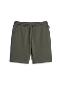 Bavlněné krátké kalhoty olivově zelené barvy s elastickým pasem, stahovací šňůrkou, dvěma bočními kapsami a malou červeno-modrou logovou nášivkou.