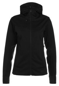 Veste noire à capuche avec fermeture éclair intégrale, cordons, manches longues et taille cintrée, présentée sur fond blanc.