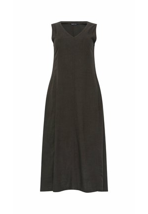 Zwarte mouwloze midi-jurk met V-hals en rechte, licht uitlopende snit, weergegeven op witte achtergrond.