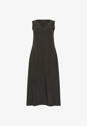 Vestido midi negro sin mangas con escote en V y corte recto ligeramente acampanado, exhibido sobre fondo blanco.