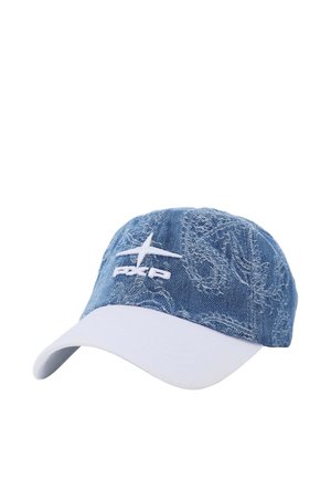 Gorra de mezclilla azul con visera curva blanca, con un logo de avión bordado en blanco y el texto "PXG" en el panel frontal.