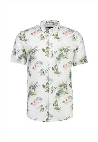 Camisa de manga corta hecha de tela blanca con patrones verdes y florales. Tiene un cuello tipo button-down y un corte relajado.