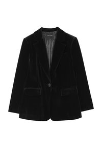 Blazer en velours noir avec fermeture à un bouton, revers crantés, deux poches avant et doublure en satin avec un motif subtil.