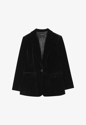 Schwarzer Samtblazer mit einer einzigen Knopfverschlus, Reverskragen, zwei Vorderste pockets und einem satinierten Futter mit einem dezenten Muster.