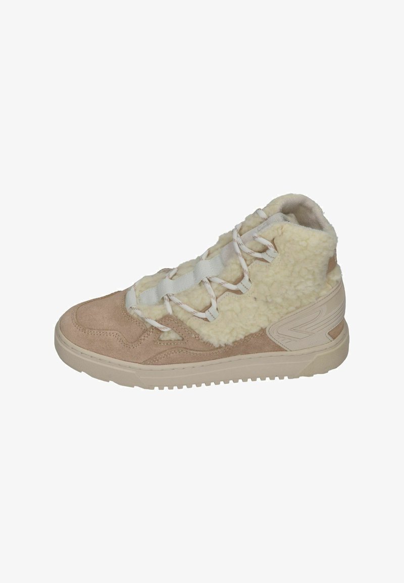 Mid-top sneakers made of beige suede and cream fleece, with a textured upper, contrasting laces, and a light-colored rubber sole.